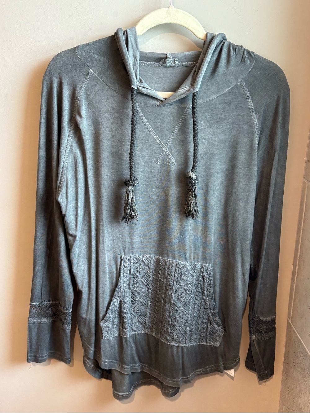 POL Women's Washed Gray Hooded Pullover with Braided Tassels
